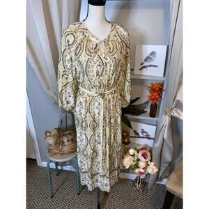 Harlow & Rose L  Boho Style Midi Dress Cream Paisley Floral Print Belt Dress
